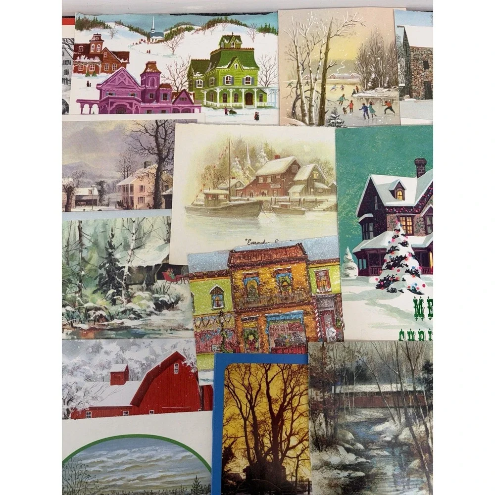 Vintage Christmas Cards Fronts ONLY Houses Barns Bridges Scrapbooking Crafts 50+